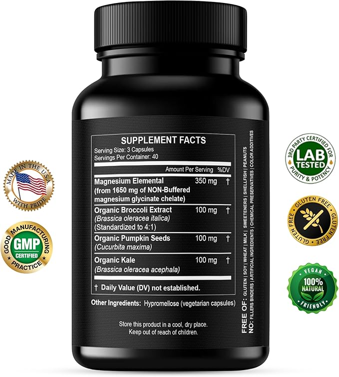 Pure Magnesium Glycinate Capsules - Non-Buffered 350mg Elemental Magnesium Supplement - Chelated High Absorption &amp Purity Magnesium Complex - Made in USA