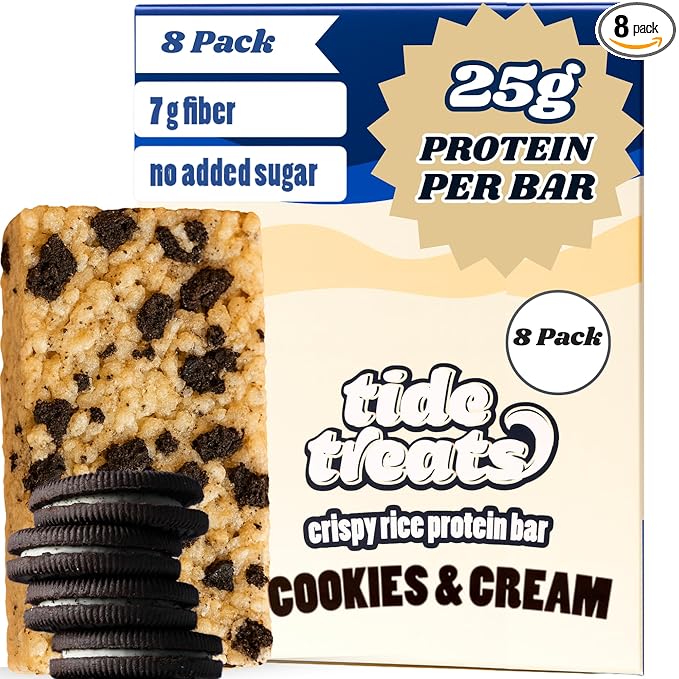 Crispy Rice Protein Bar Cookies And Cream | 25g Protein Low Sugar Clean Ingredients 7 g Fiber Gluten Free | High Protein Snack for On-the-Go Post-Workout or Dessert Cravings | 8 Count
