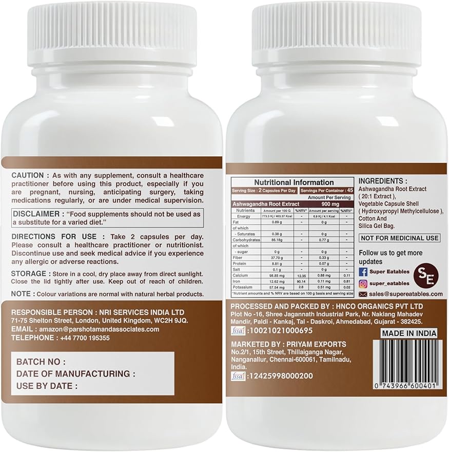 Ashwagandha 450mg – 90 Vegan Capsules (45-Day Supply) – High-Strength 20:1 Withania Somnifera Root Extract Adaptogenic Herb Non-GMO Additive-Free Easy to Swallow