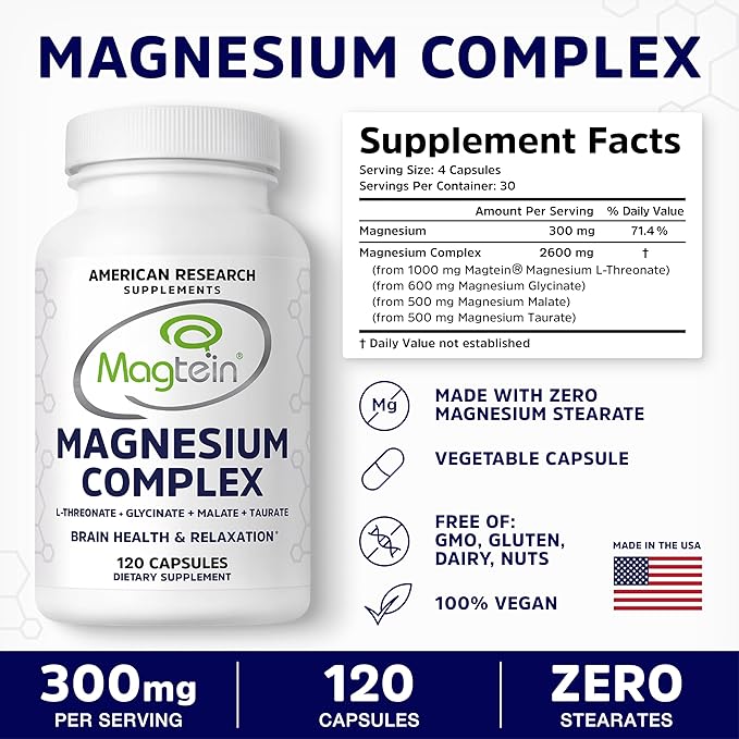 Magnesium L-Threonate Complex | 4 Highly Bioavailable Forms - (Patented Magtein™) Magnesium L-Threonate Glycinate Malate Taurate | No Oxide | Brain Health Sleep Support | 300mg Serving | 120 Caps