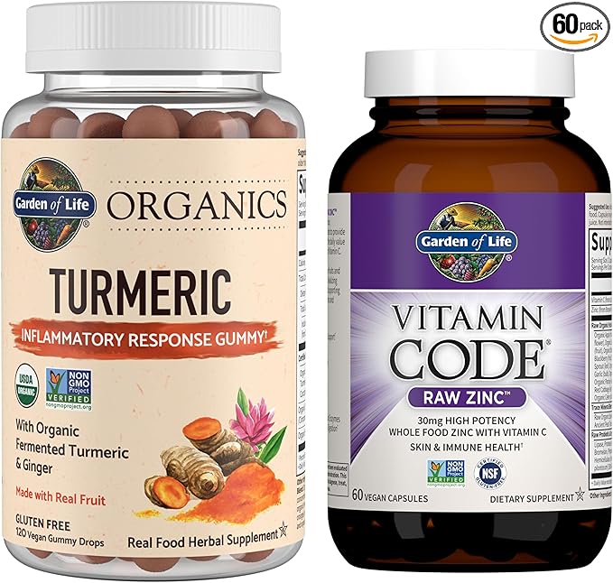 Garden of Life Organics Turmeric Inflammatory Response Gummy 120ct &amp Vitamin Code High Potency Raw Zinc 60ct