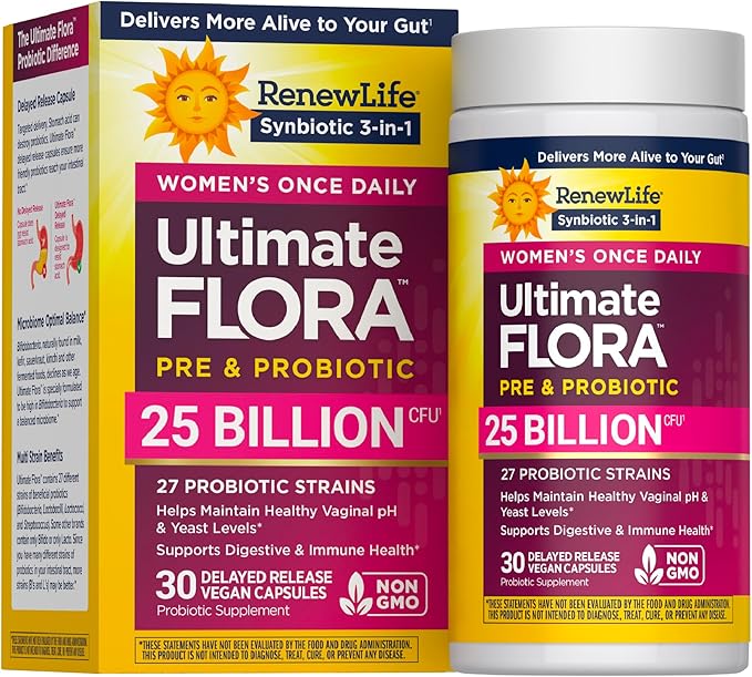 Renew Life Ultimate Flora Women's Probiotic and Prebiotics | 25 Billion CFU | 30 Delayed Release Capsules | 3 in 1 Synbiotic | Supports Digestive and Immune Health | Dairy Soy and Gluten-Free