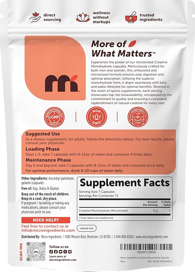Creatine Monohydrate 5000mg 500 Capsules | Pure Creatine Pills – Micronized + Unflavored Powder Source Easy Absorption | Keto Non-GMO
