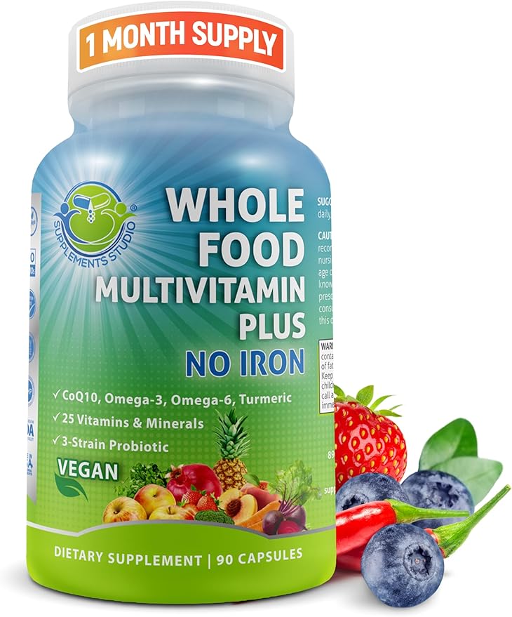 Vegan Whole Food Daily Multivitamin Without Iron Methylated Multivitamin for Women and Men Made with Fruits &amp Vegetables B-Complex Probiotics Enzymes CoQ10 Omegas Turmeric Non-GMO 90 Cou