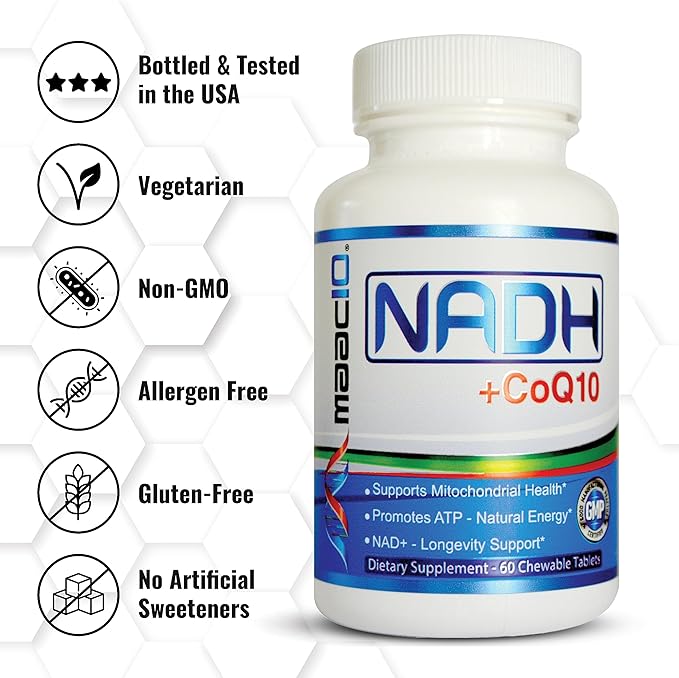MAAC10 NADH + CoQ10 Chewable Tablets (3-Pack - 180 Tablets) | 50mg PANMOL® NADH + 100mg CoQ10 Supports Fatigue Energy and NAD+ Non-GMO Gluten Free Vegetarian (3 Month Supply)