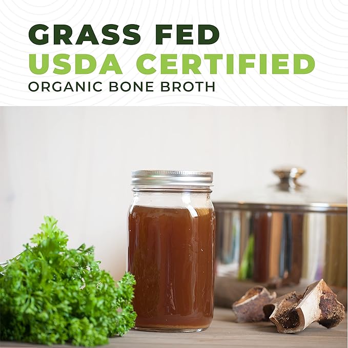 16oz Organic Bone Broth Protein Powder from Grass Fed Beef - USDA Certified Organic Single Ingredient Rich in Collagen Glucosamine No Additives Perfect for Carnivore Paleo and Keto Diets