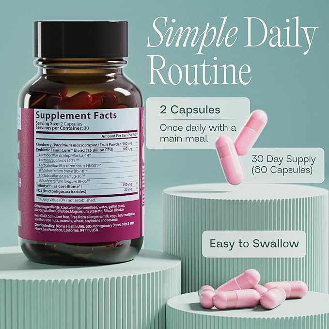 BIOMA Feminine Health Synbiotic - Women's Health Supplement for Healthy Vaginal pH Urinary Tract &amp Digestive Support - with Probiotics Cranberry &amp Tributyrin - 60 Capsules (30-Day Supply)