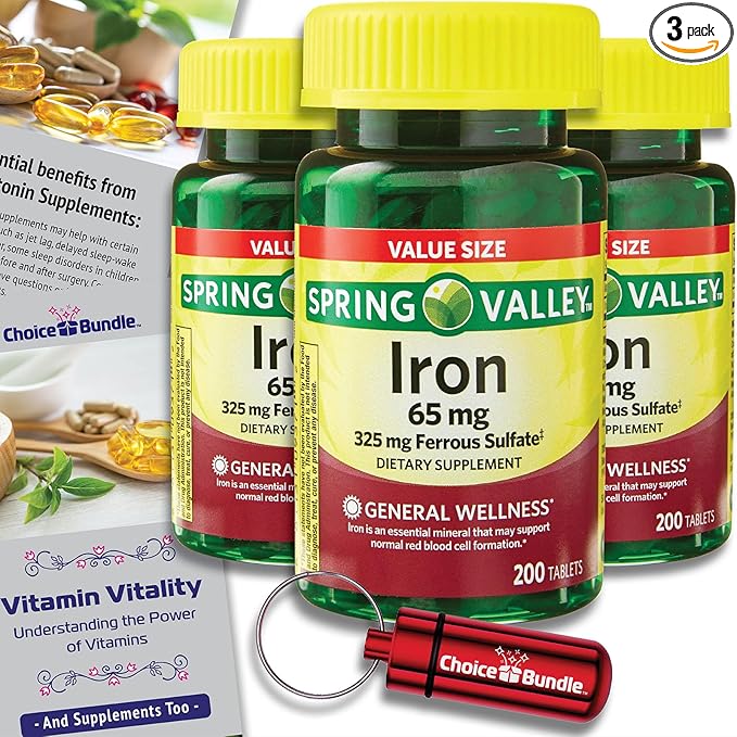Spring Valley Iron 65 mg Tablets Ferrous Sulfate Value Size 200 Ct 3 Pk (600 Total) + Vitamin Vitality &amp Pill Container (5 Items)!