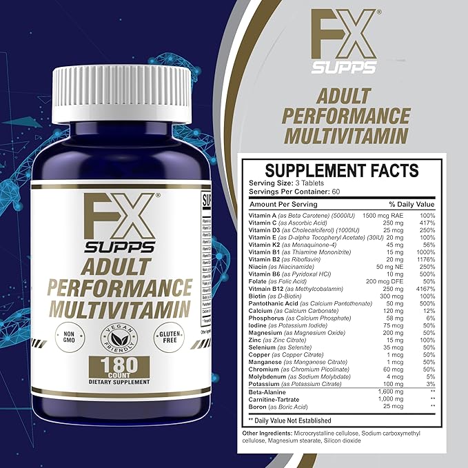 FXSUPPS Performance Multi-Vitamin with Amino Acids Beta-Alanine and L-Carnitine Enhanced Performance and Recovery 180 Tablets - Made in USA