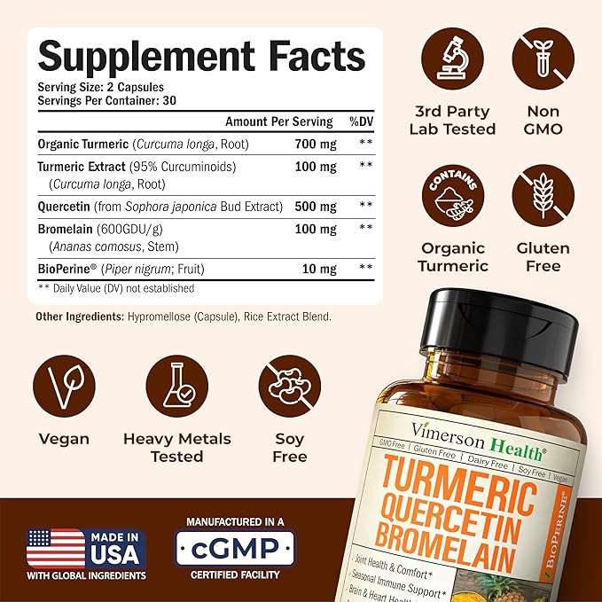 Quercetin with Bromelain Turmeric Curcumin Supplement – Allergy Relief Immune &amp Joint Support – Organic Turmeric Supplement w/Bioperine for Enhanced Absorption 60 Quercetin 500mg Capsules
