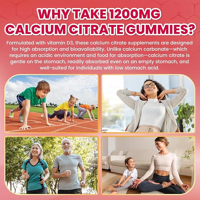 Calcium Citrate Gummies - 1200mg Calcium Gummies Supplements for Women &amp Men with Vitamin D3 K2 Magnesium Zinc High Absorption for Bone Muscle &amp Immune Support Strawberry Flavor 120 Coun