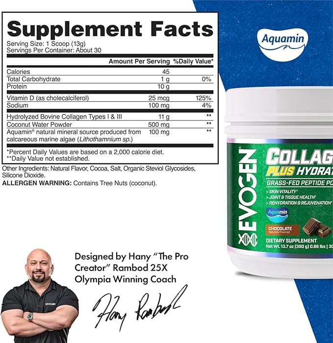 Evogen Collagen Plus Hydration - Grass-Fed Collagen for Women &amp Men | Collagen Peptides Powder | Collagen Powder Supporting Skin Vitality Hydration Joint &amp Tissue Health | Chocolate | 30 Ser
