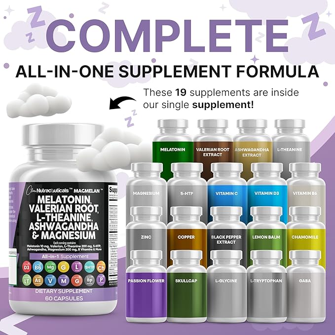 Clean Nutraceuticals Melatonin 10mg Valerian Root L Theanine 200mg Ashwagandha - Sleep Support for Women &amp Men with Magnesium Complex Lemon Balm Chamomile &amp Passion Flower - 60 Caps (Pack o