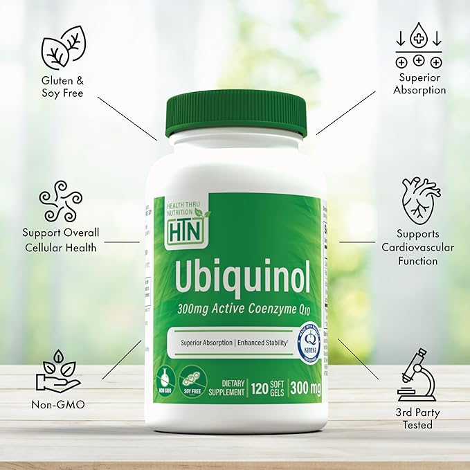 Health Thru Nutrition Ubiquinol 300mg 120 Softgels as Kaneka QH Reduced CoQ-10 | Stabilized - 3rd Party Tested | Enhanced Bioavailability | Cardiovascular &amp Mitochondria Function Support | Non-GMO