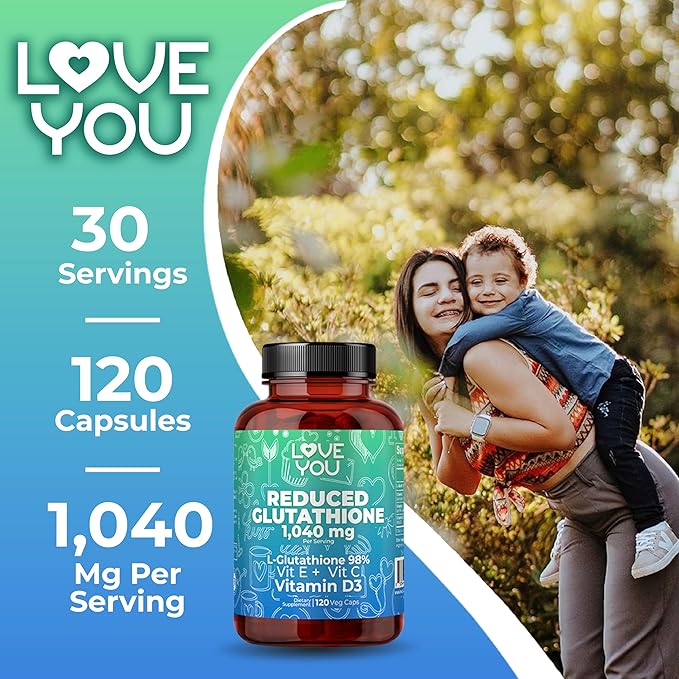 Love You Reduced Glutathione 98% Purity 1040 mg + Vitamin C E &amp D3 1804 mg Total per Serving - Intracellular Antioxidant - Supports Detoxification &amp Immune Function - 120 Veggie Caps 30 Serv