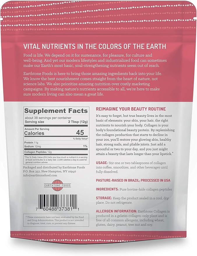 EARTHTONE Collagen Peptides Powder | Paleo-Friendly Hydrolyzed Grass-Fed Non-GMO Protein 16 oz