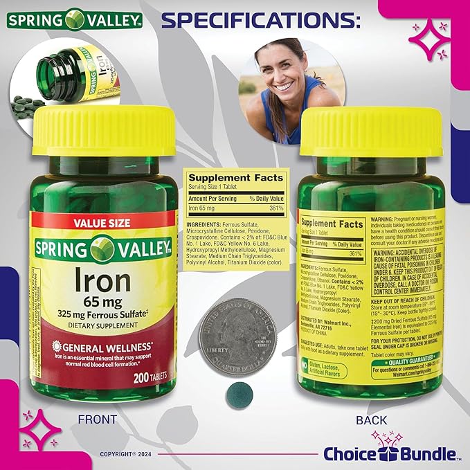Spring Valley Iron 65 mg Tablets Ferrous Sulfate Value Size 200 Ct 2 Pk (400 Total) + Vitamin Vitality &amp Pill Container (4 Items)!