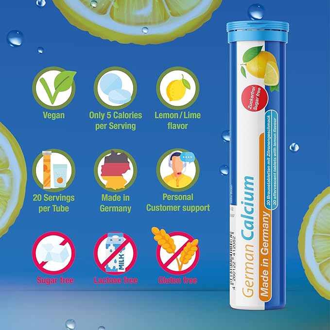 German Calcium 140 Drink Effervescent Tablets - Lemon Lime Flavour - 500 mg Calcium Sugarfree Vegan- T&ampD Pharma – Made in Germany