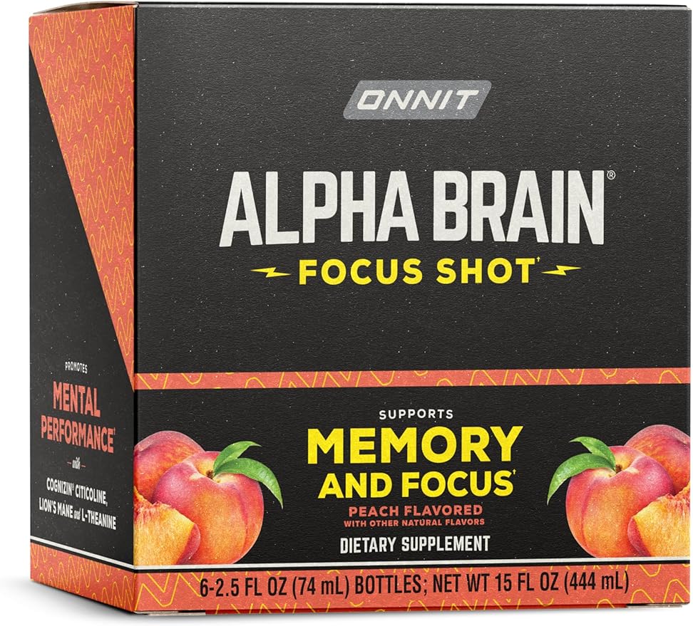 ONNIT Alpha Brain Focus Shot Peach Flavor Nootropic Dietary Supplement Drink that Supports Energy Focus and Mood IGEN™ Non-GMO Tested 2.5 fl oz 6 Count