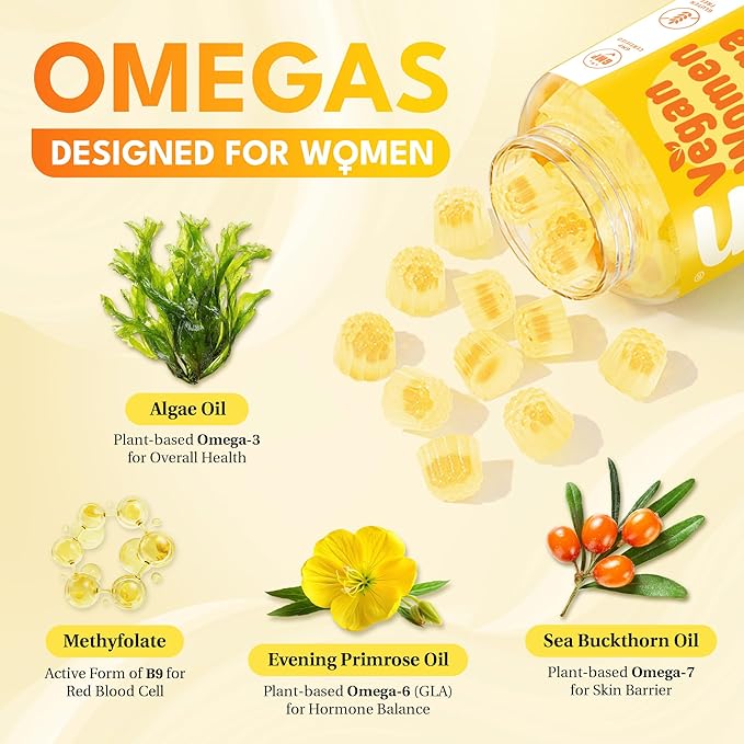 Women Vegan Omega 3-6-7 Gummies (60 ct) 1000mg Algae Oil DHA EPA Sea Buckthorn Evening Primrose Oil No Added Sugar Supplement Fish Oil Alternative for Adults