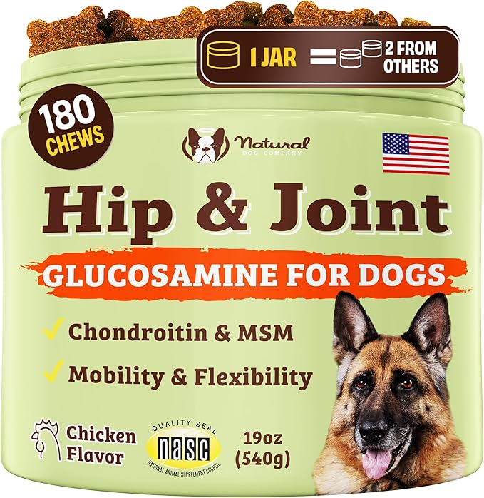 Natural Dog Company Hip &amp Joint Chews for Dogs with Glucosamine for Dogs + Chondroitin MSM &amp Turmeric Supports Mobility &amp Reduces Discomfort Stiffness Natural Pain Relief Joint Supplem