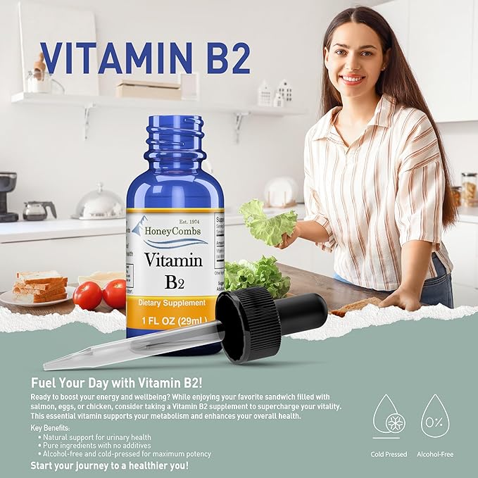 HoneyCombs High Potency Vitamin B1 (Thiamine) &amp B2 (Riboflavin) Drops – Vegan Non-GMO Alcohol-Free Liquid for Health Digestion Hair Skin &amp Nails