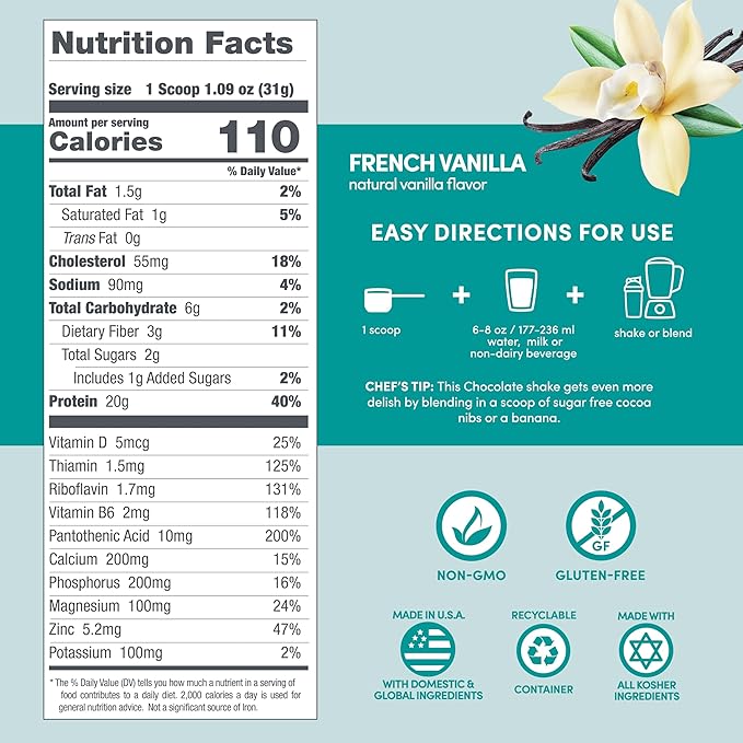 Designer Wellness Designer Whey Natural Whey Protein Powder with Probiotics Fiber and Key B-Vitamins for Energy Gluten-Free French Vanilla 12oz
