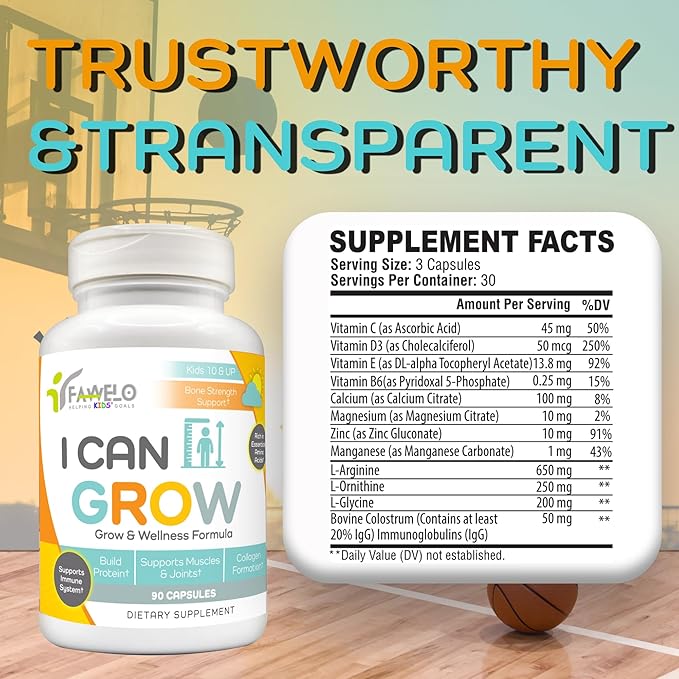 I Can Grow Day-Time for Kids 10+ &amp Teens | Growth &amp Development Support with L-Arginine Colostrum Calcium D3 Magnesium Zinc | Bone Strength Focus | 90 Capsules