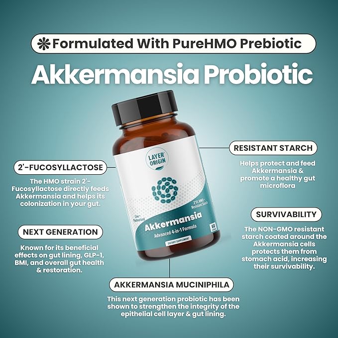 Akkermansia muciniphila Probiotic with Both Live + Pasteurized Akkermansia and PureHMO Prebiotic Validated Strain Advanced 4-in-1 Formula