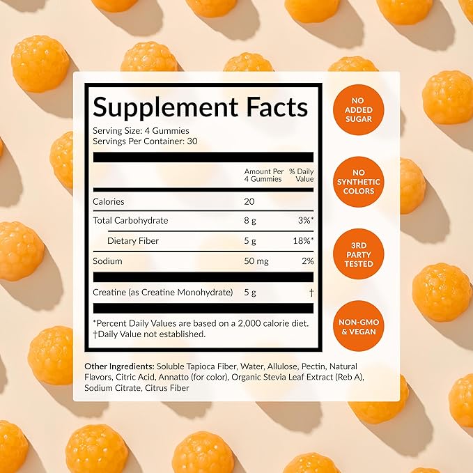 Beam Creatine Gummies – Creatine Monohydrate Gummies with 5g Creatine Sugar Free Muscle Strength &amp Workout Recovery Support Creatine Gummies for Women and Men Orange Flavor Vegan 30 Servings