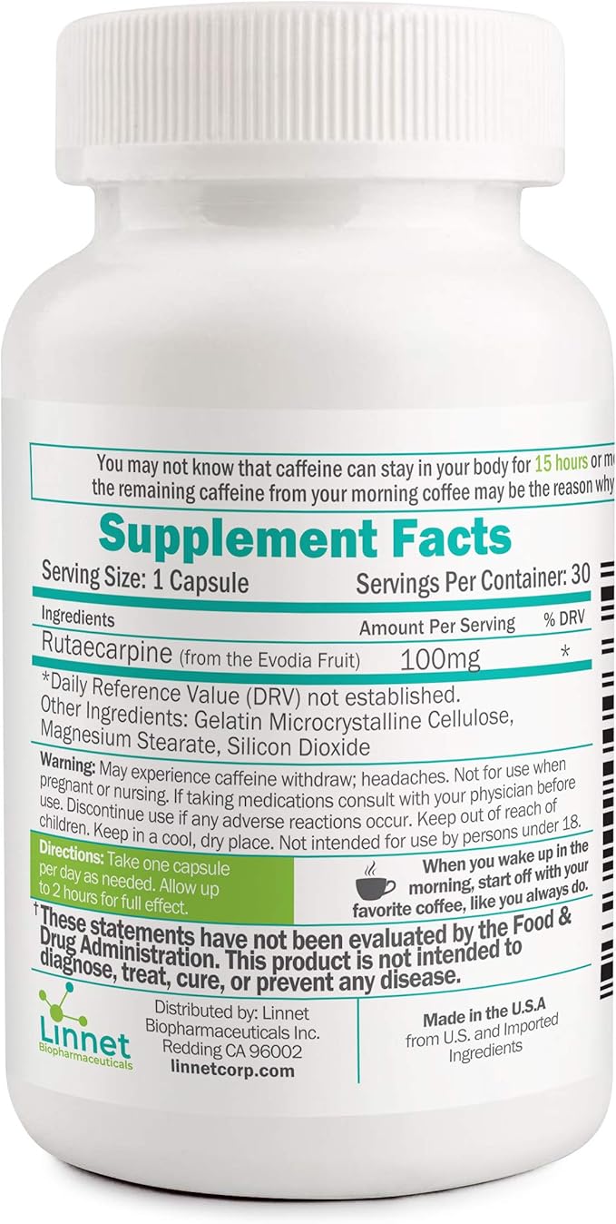 Daily De-Caffeinate for Coffee Lovers – Rutaecarpine Supplement for Relaxation After Caffeine – Non-Melatonin Non-Addictive Evening Formula 30 Capsules