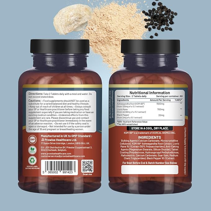 KSM-66 Ashwagandha and Lions Mane Tablets - High Strength 2200mg | KSM-66 Ashwagandha Root Extract and Lions Mane Mushroom Extract - 120 Vegan Tablets with Black Pepper - UK Made by Prowise