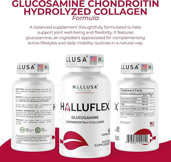 Hallusa Natural Halluflex Joint Support Supplement for Women &amp Men Glucosamine Chondroitin 2850mg 300 Capsules Plus Hydrolyzed Collagen Mobility Flexibility &amp Joint Health