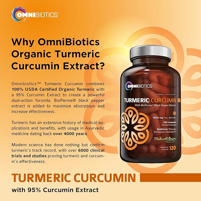 OmniBiotics Organic Turmeric Curcumin Supplement with Black Pepper Extract – 1500mg Turmeric with 95% Curcuminoids &amp BioPerine High Absorption for Joint Support – 120 Vegan Capsules