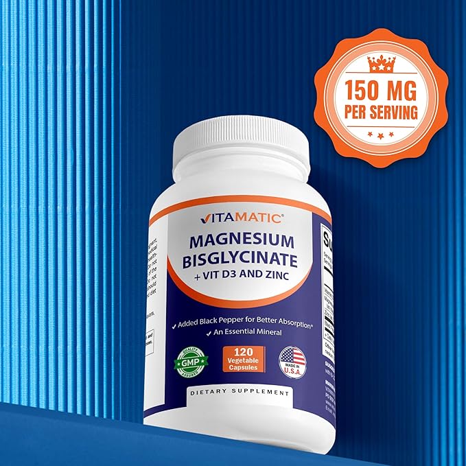 Vitamatic Magnesium (from Bisglycinate &amp Oxide) with Vitamin D3 &amp Zinc - 120 Veg Capsules - Supports Muscle Joint Nerve &amp Heart Health – Non-GMO Gluten-Free - 2 Pack