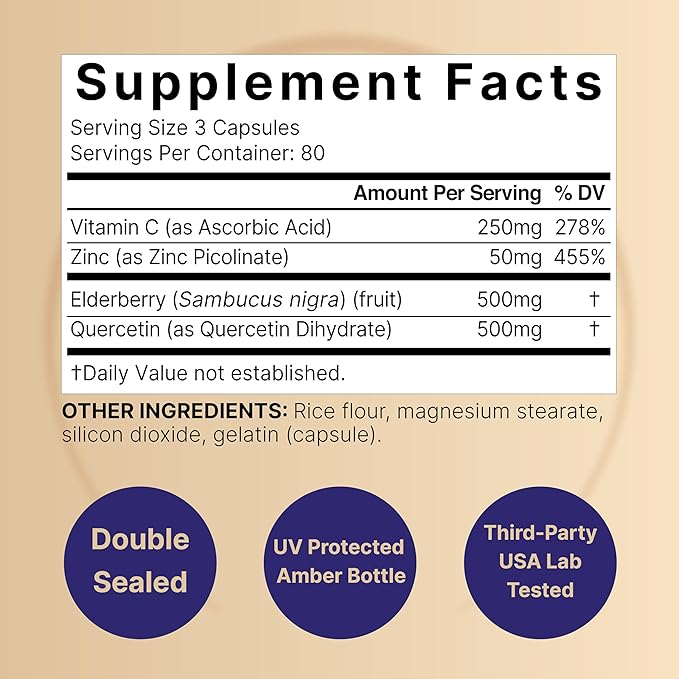 NatureBell Elderberry Quercetin 4-in-1 with Vitamin C &amp Zinc 240 Capsules | Traditional Herbal Supplement | 500mg Sambucus Nigra 500mg Quercetin 250mg Vitamin C 50mg Zinc Picolinate per Servin
