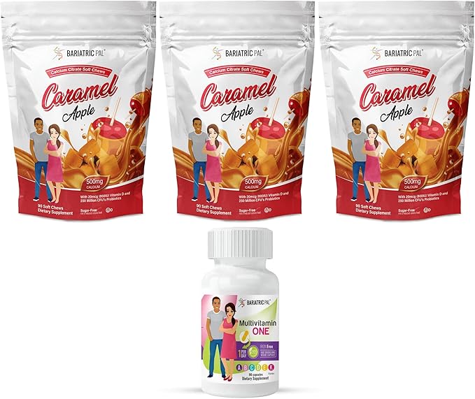 90-Day Bariatric Vitamin Bundle by BariatricPal (Multivitamin ONE 1 per Day! Iron-Free Capsule and Calcium Citrate Soft Chews 500mg with Probiotics - Caramel Apple)