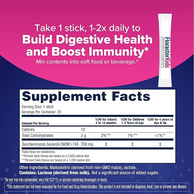 Florastor Family Probiotic Bundle - 100 ct. Probiotic for Digestive &amp Immune Health for Men &amp Women + 20 ct. Kids Daily Probiotic Unflavored Powder Sticks - Boost Good Bacteria &amp Flush Ou