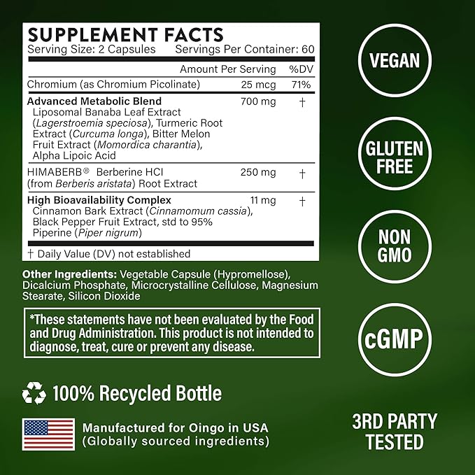 Metabolic Health Supplement 120 Veggie Capsules Supports Glucose Metabolism and Energy Support with Berberine Turmeric Banaba Leaf