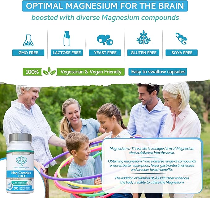 Magnesium L-Threonate Complex 7-in-1 with 1000mg of Magtein Plus Magnesium as Bisglycinate Taurate Citrate Gluconate Malate &amp Lactate - Supports Sleep - Vegan US Made and No Artificial Nastie