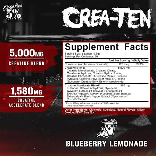 5% Nutrition CreaTEN Creatine Complex + Accelerators | Flavored Creatine Powder for Muscle Gain | Max Power Strength Endurance &amp Recovery (Blueberry Lemonade)