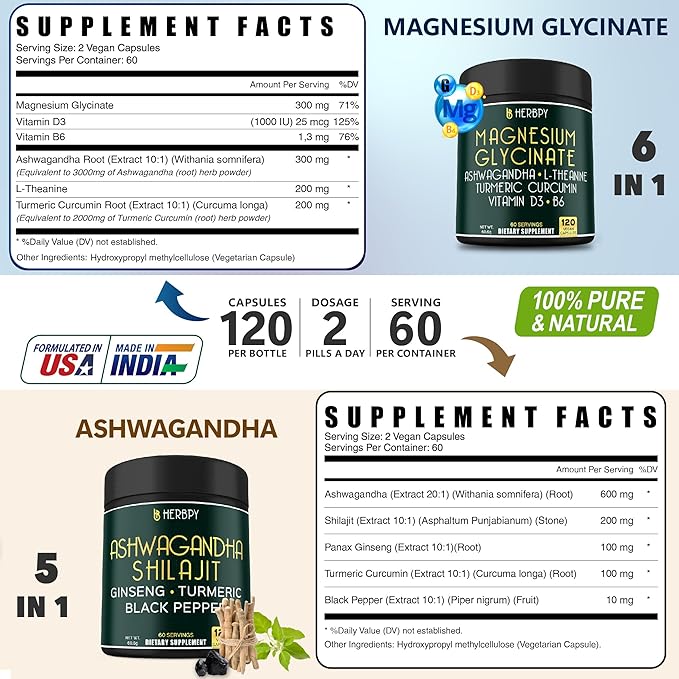Bundle 6in1 Magnesium Glycinate Supplements &amp 5in1 Ashwagandha Shilajit Supplements