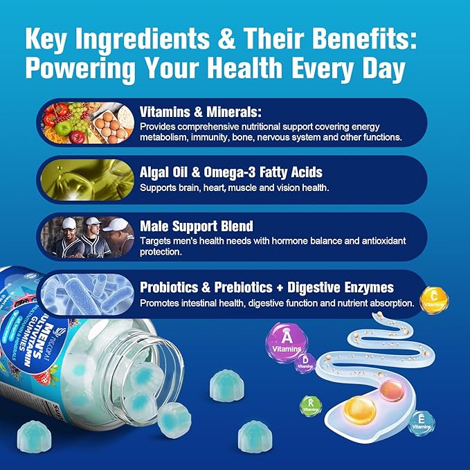 2-Pack Multivitamin for Men Mens Multivitamins Gummies w/Omega-3 Probiotics Inositol Folate Male Support Blend Vitamins A C D E B - Support Heart Brain Muscle Energy Sugar-Free
