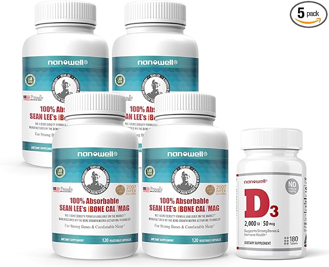 NANOWELL Sean Lee's iBone Cal Mag 120 Vegetable Capsules X 4 Bottles + 1 Bottle of Vitamin D3 - Bone Health Calcium and Immune Support Supplement