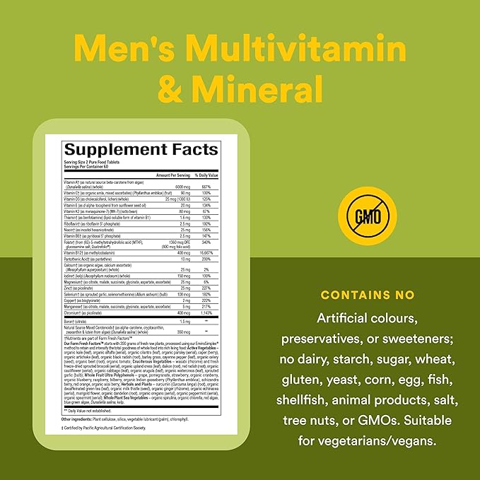 Natural Factors Whole Earth &amp Sea Men's Multivitamin &amp Mineral - Daily Health Supplement for Men Under 50 - Vegan Non-GMO &amp Gluten-Free - 120 Tablets (60 Servings)