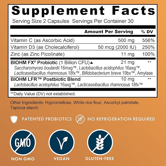 BIOHM Immunity Probiotic with Vitamin C D3 &amp Zinc 1 Billion CFU (60 Capsules) Daily Probiotics for Women &amp Men Digestive Health &amp Immune Support Vegan Gluten-Free and Non-GMO