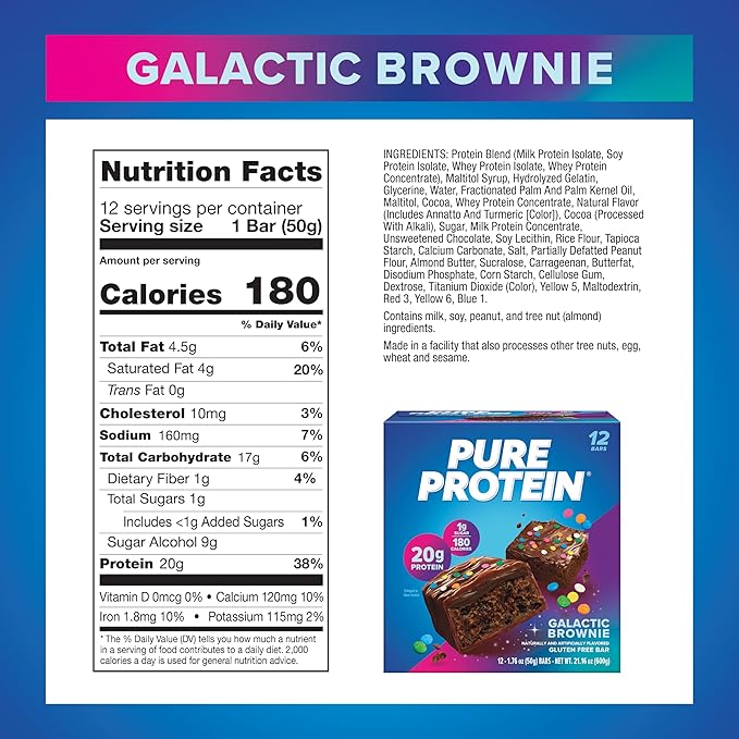 Pure Protein Birthday Cake and Galactic Brownie Protein Bars High Protein Nutritious Snacks 20g Protein Gluten Free Packs of 12