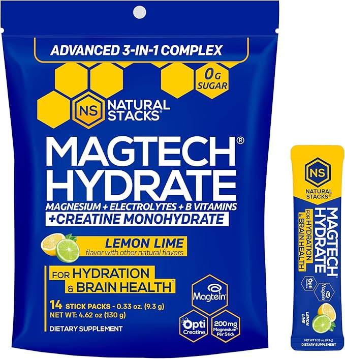 Magtech Magnesium Capsules + Hydration Creatine Powder Lemon Lime Bundle - 3 Forms of Magnesium - Featuring Magtein L-Threonate - Brain Health &amp Hydration Support* - 74 Total Servings
