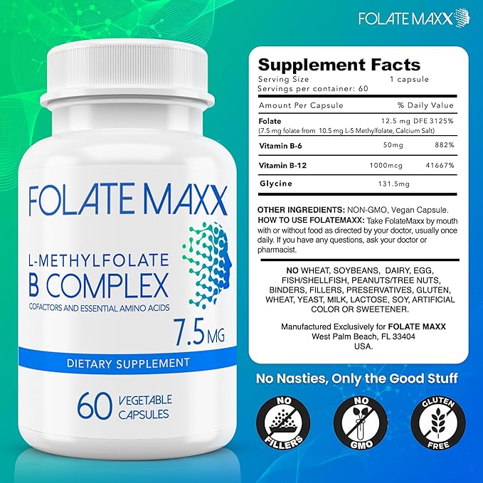 L Methylfolate 7.5mg with Active Vitamin B Complex – 60 Capsules – High Potency 5-MTHF with B6 Blend and Methyl B12 Supplement – 3-in-1 Non-GMO Gluten Free (2-Month Supply)