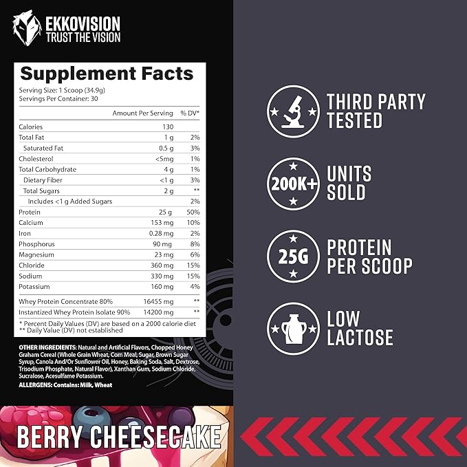 Ekkovision Protein Powder Berry Cheesecake 25 G Whey Protein per Scoop Low Lactose High Protein for Men and Women with Active Lifestyles Perfect for Shakes Smoothies and Recipes 30 Servings